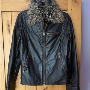 Dolce & Gabbana Black Leather Jacket with Faux Fur Collar